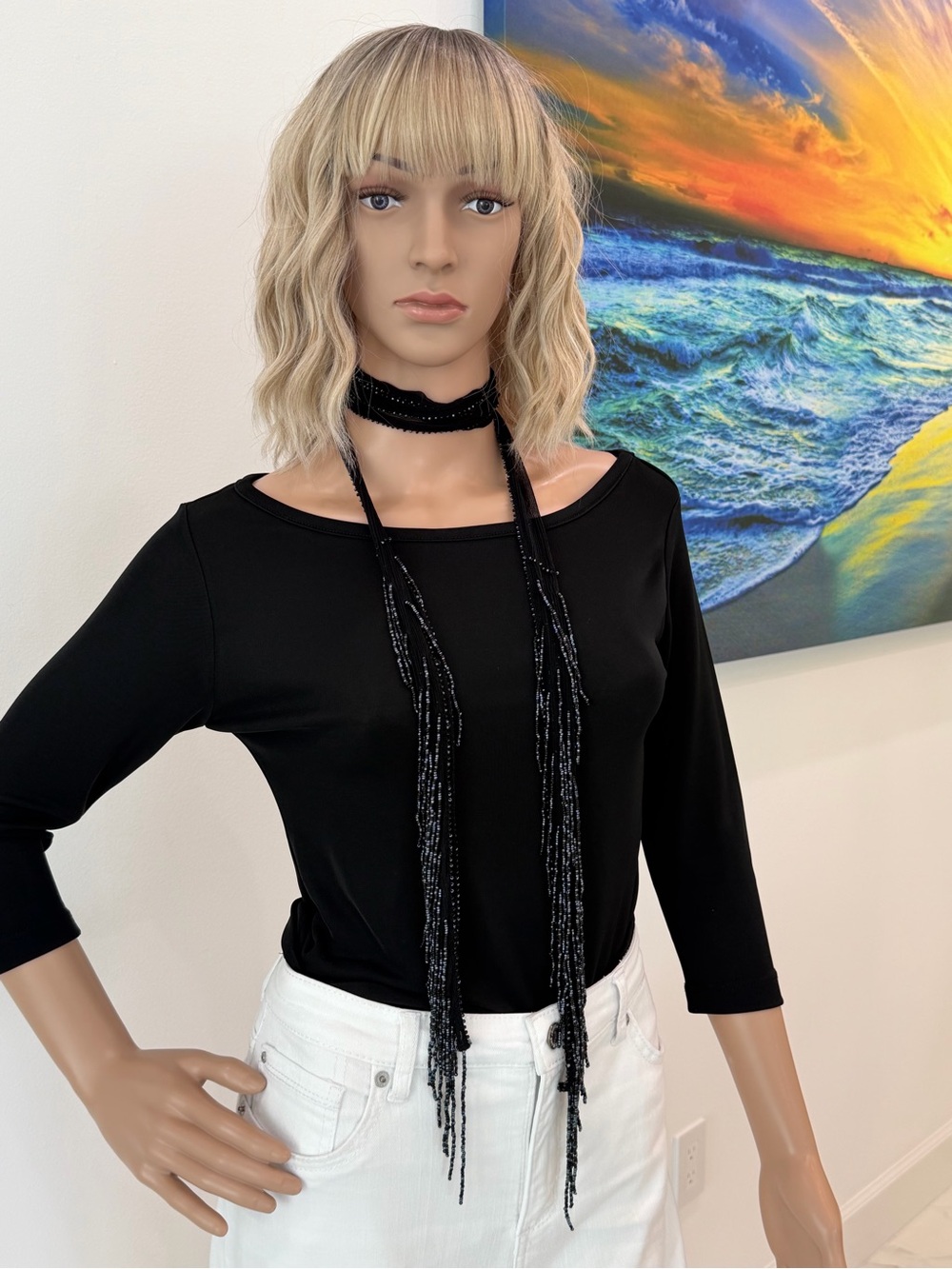 Vintage Black Beaded Skinny Scarf/Lariat Necklace/Tie Belt, Sheer, Tassel/Fringe